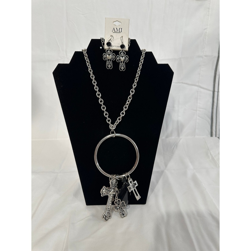 AMI Gothic Cross Heart Charm Necklace and Earrings Set Silver Tone Black Beads